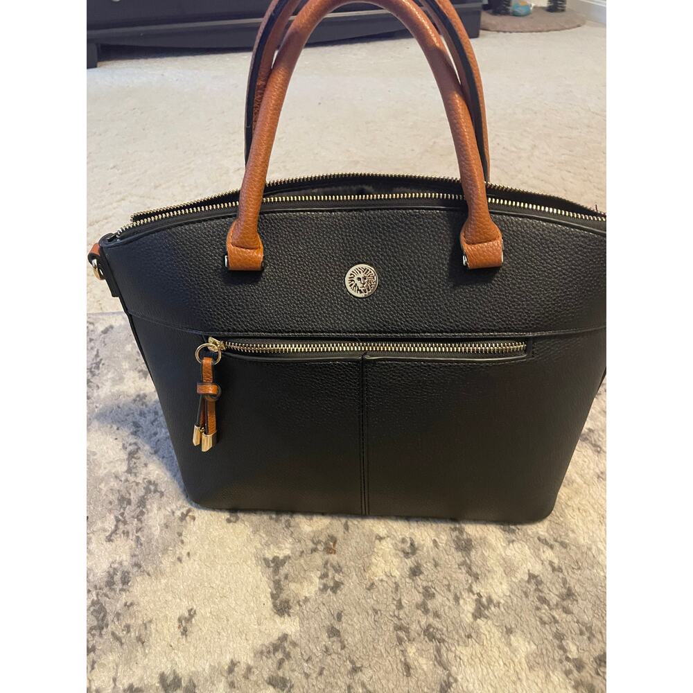 Anne Klein Black & Cognac Top Handle Bag | Gold Hardware Zip Satchel